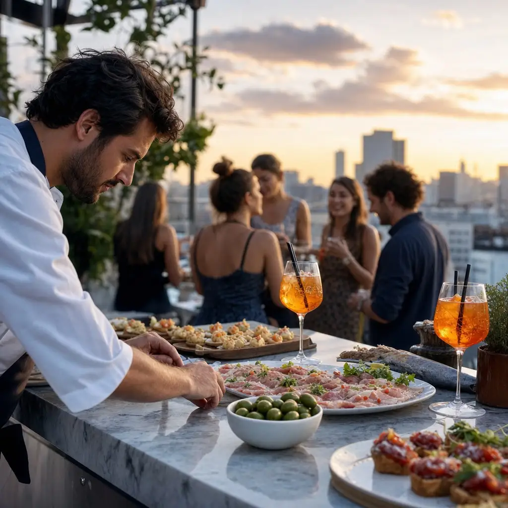 Aperitivo con chef su una terrazza in città