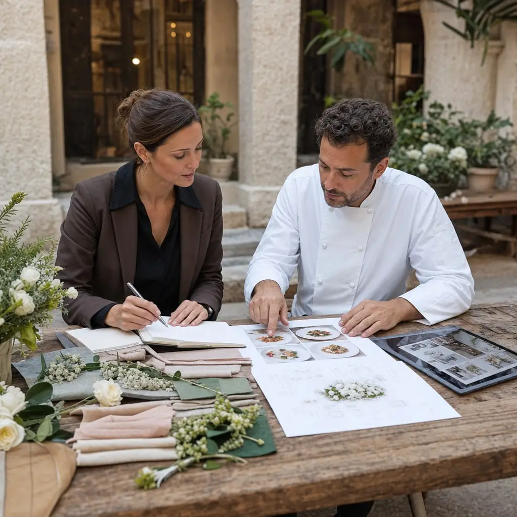 Una wedding planner e uno chef rivedono insieme menu e disposizione dei tavoli