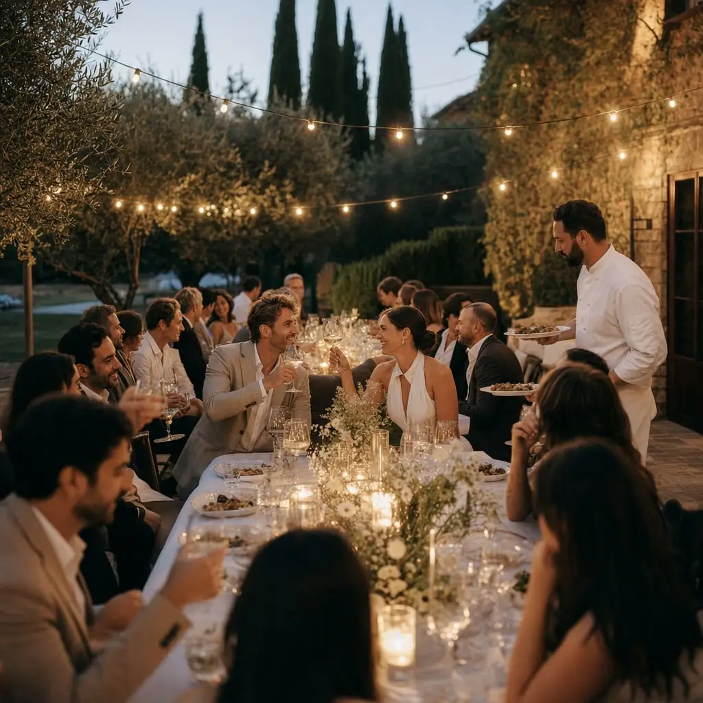 Cena di benvenuto di un matrimonio in giardino con lo chef che serve i piatti