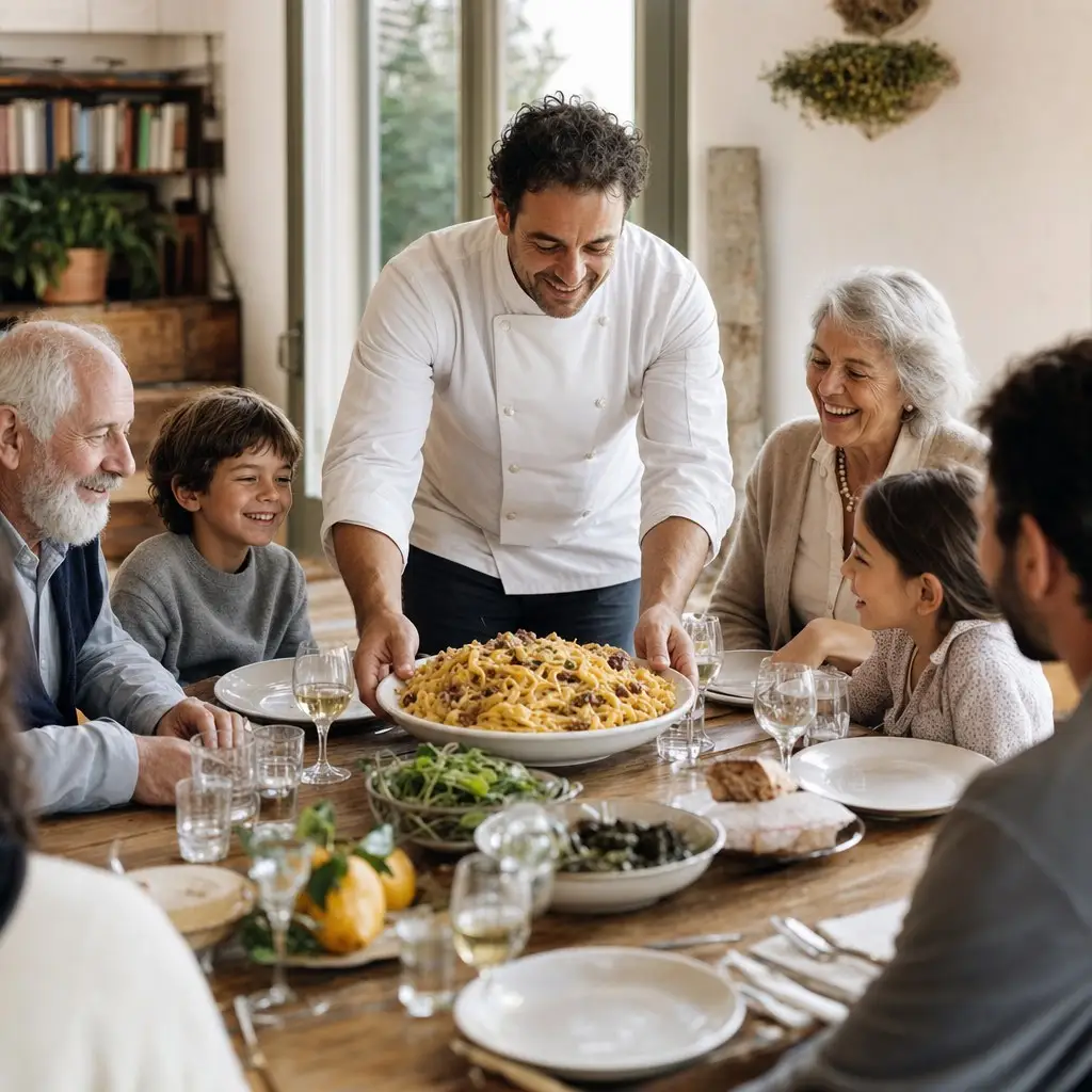 Pranzo di famiglia con lo chef che porta in tavola la pasta