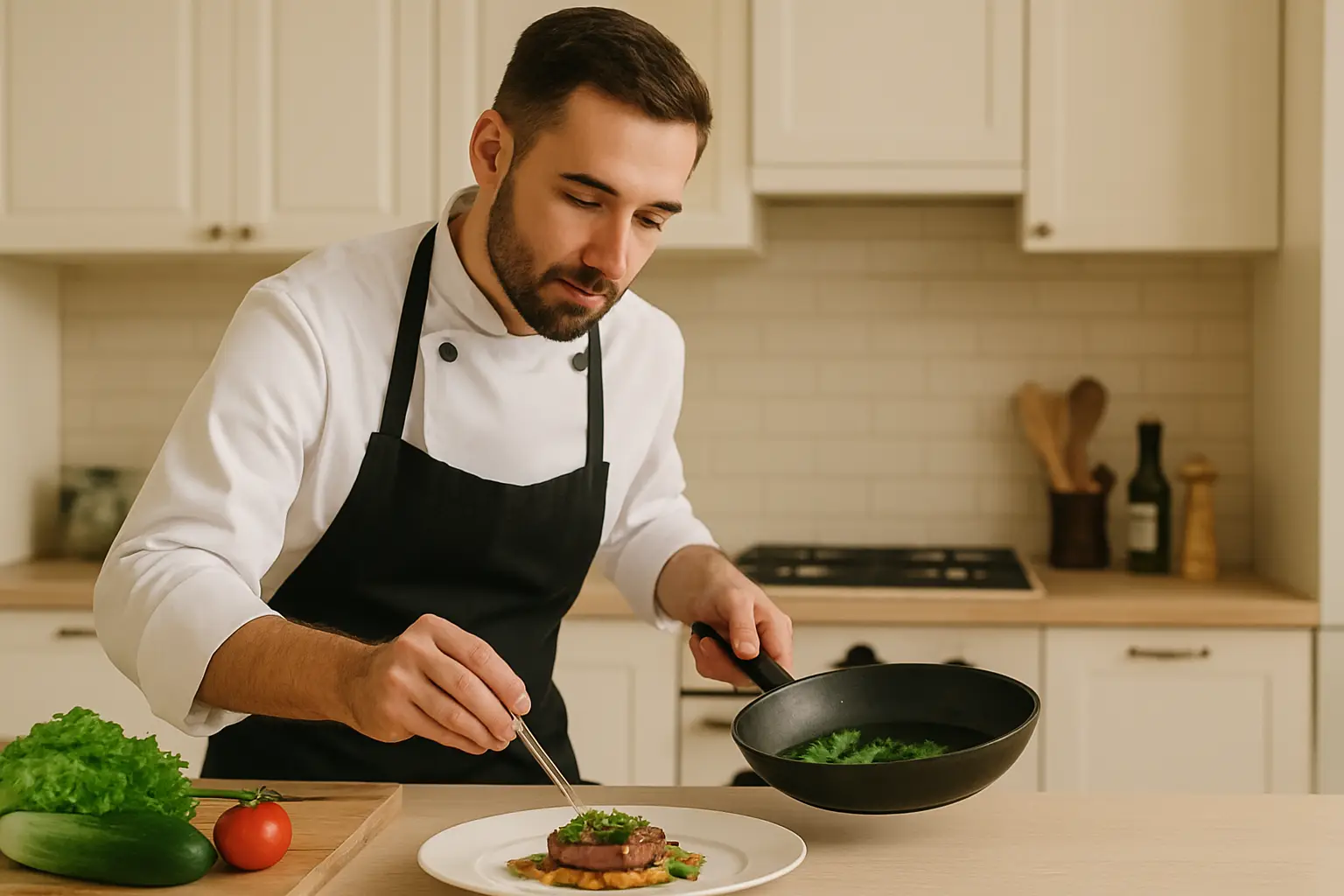 A chef plating in a home kitchen