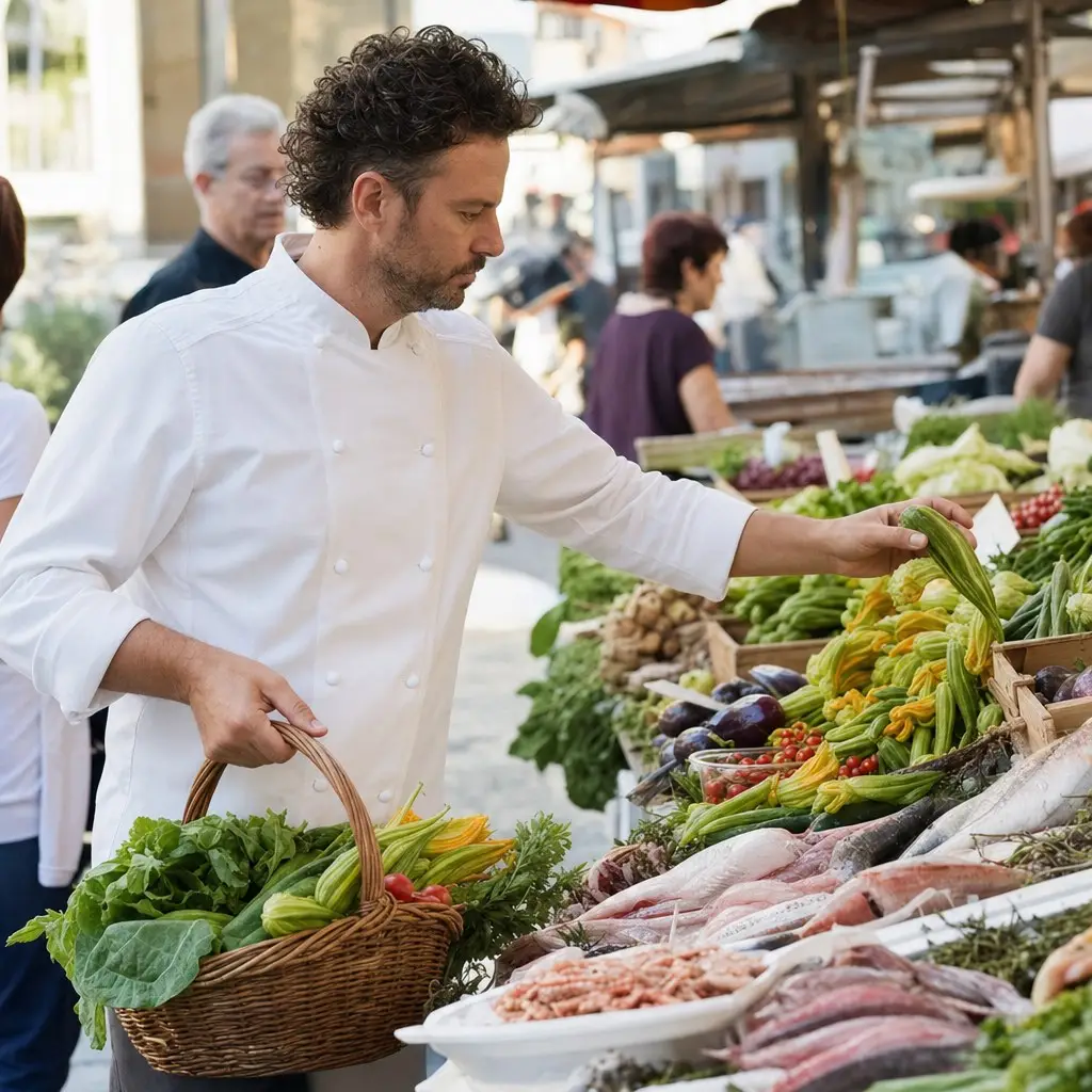 Lo chef sceglie ingredienti freschi al mercato