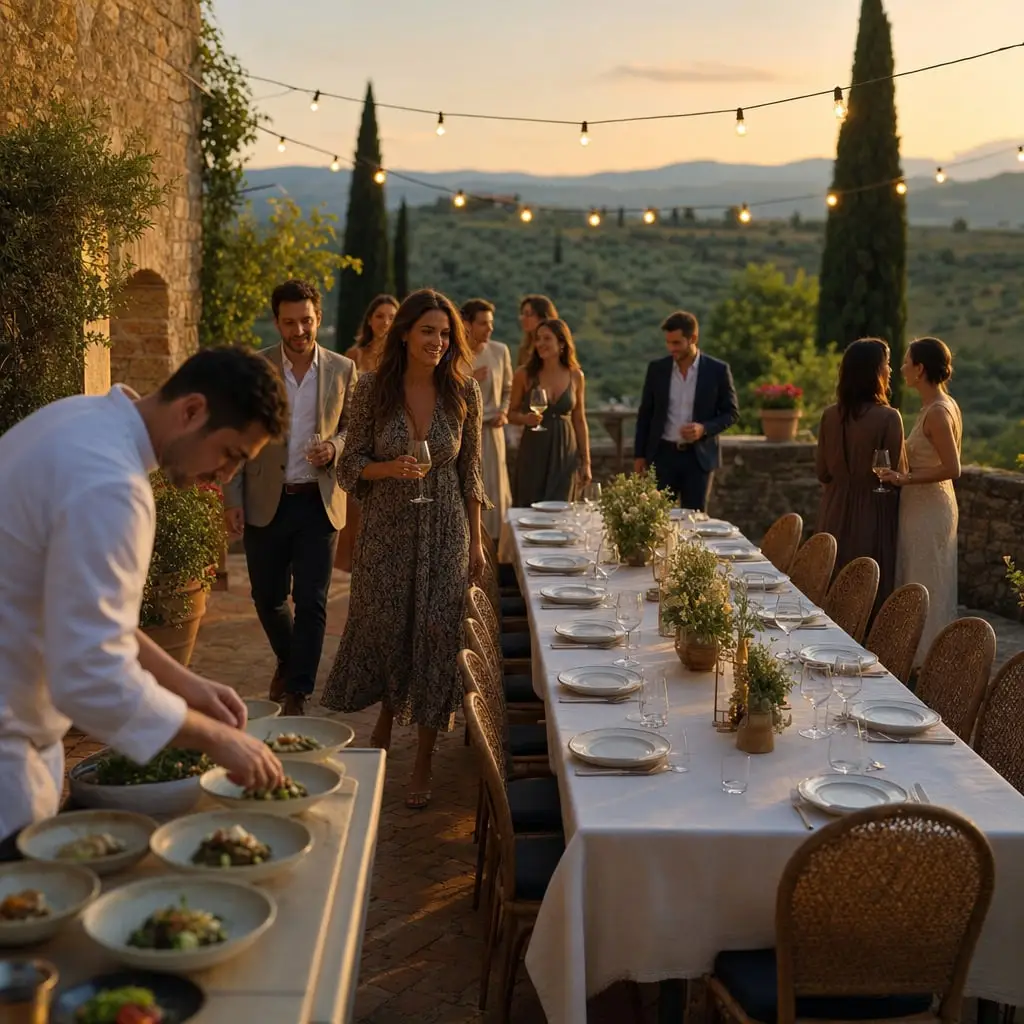 Cena servita dallo chef sulla terrazza di una villa al tramonto
