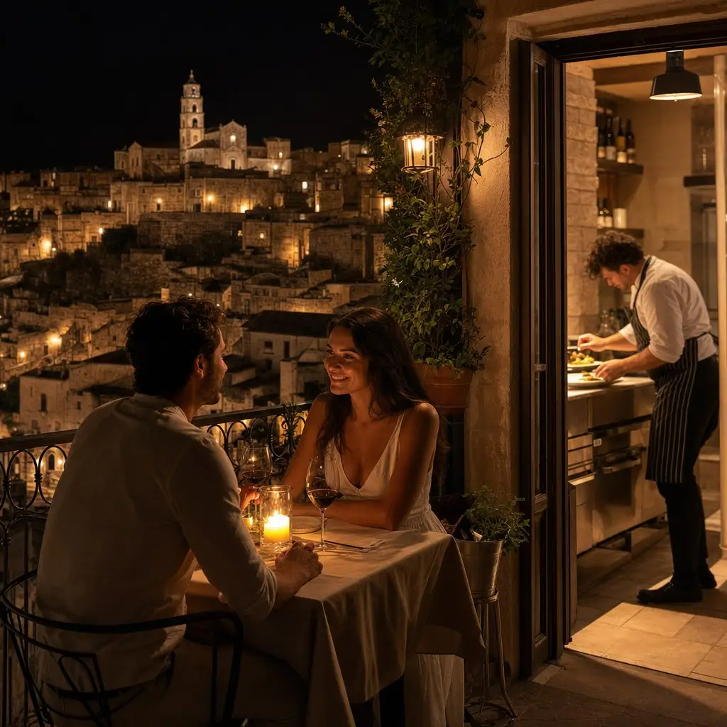 Cena romantica per due su un balcone con lo chef in cucina