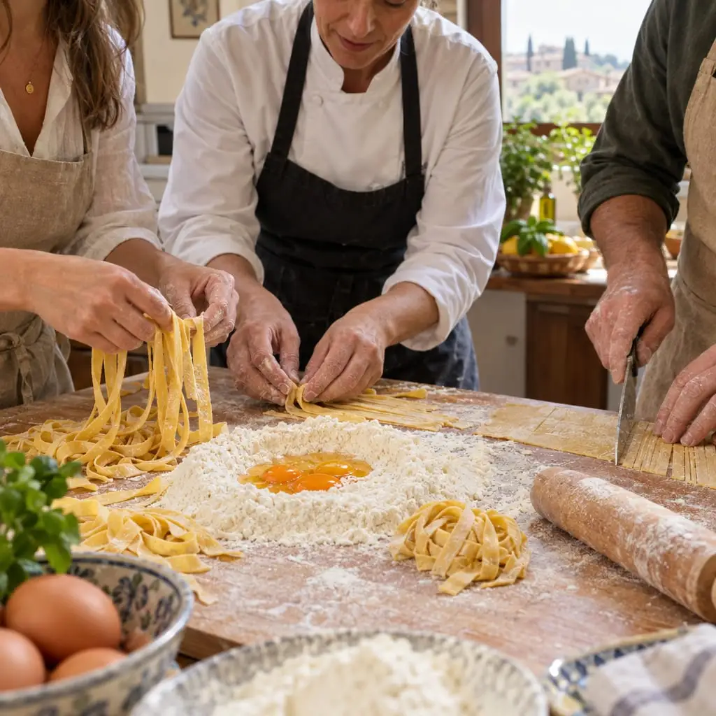 Mani che stendono la pasta fresca su un tagliere