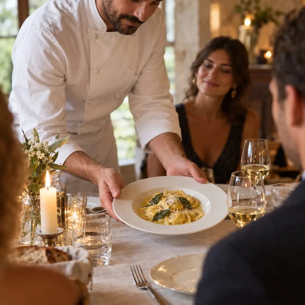 Lo chef serve i ravioli a tavola, a lume di candela