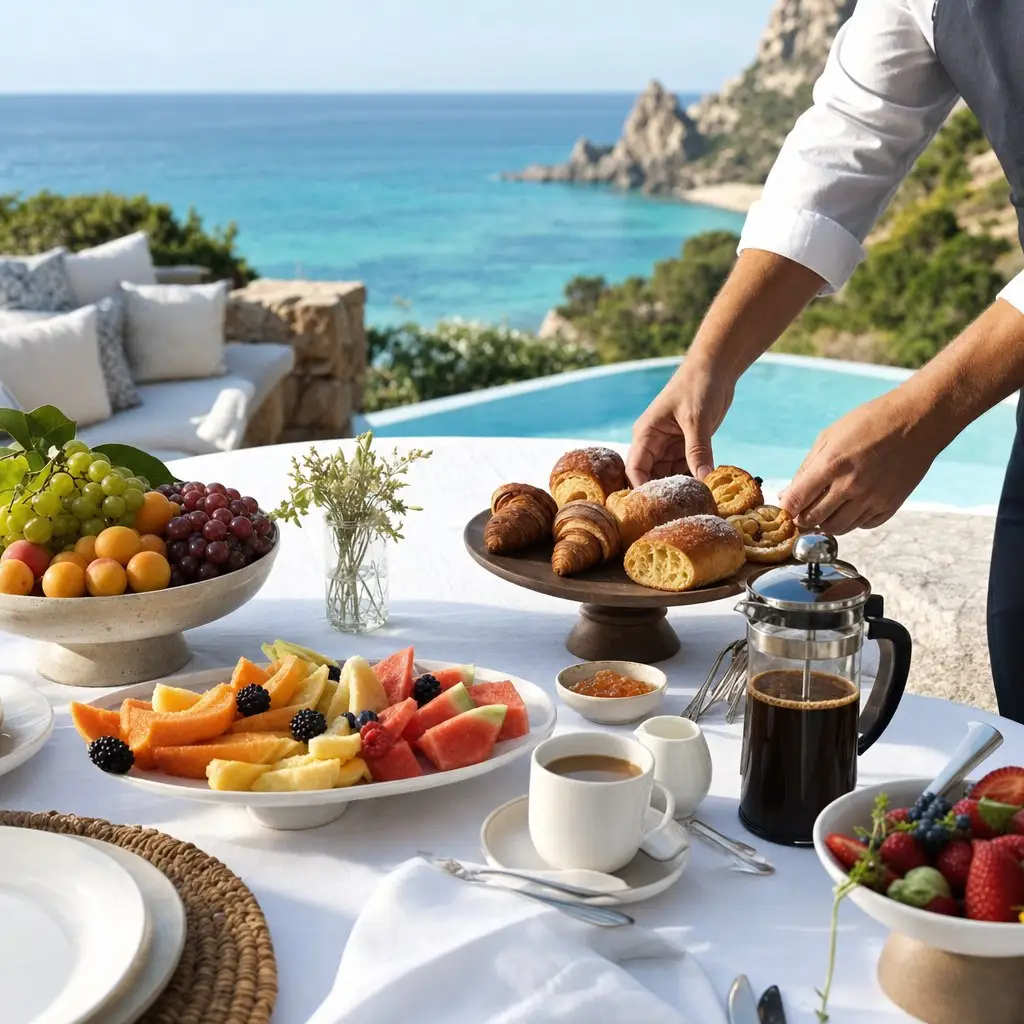 Colazione preparata dallo chef sulla terrazza di una villa al mare